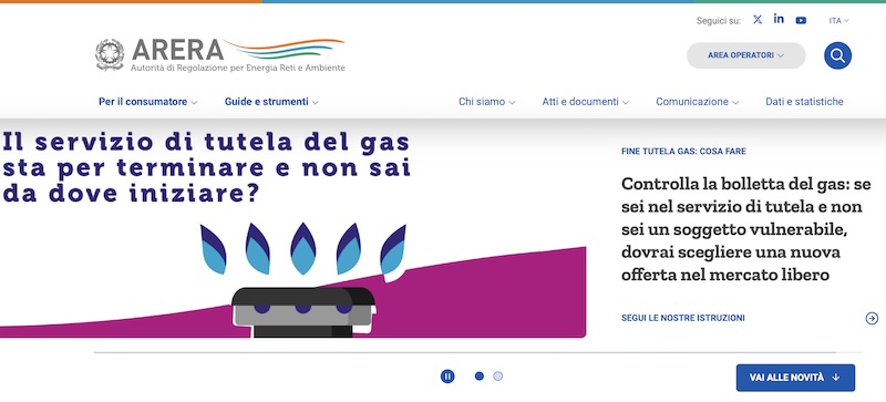 Screenshot del portale Aria di Arera