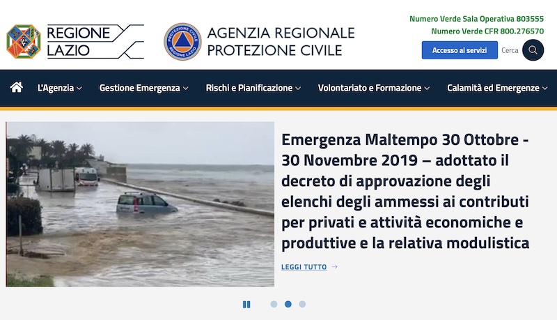 Screenshot del Portale Protezione Civile Regione Lazio
