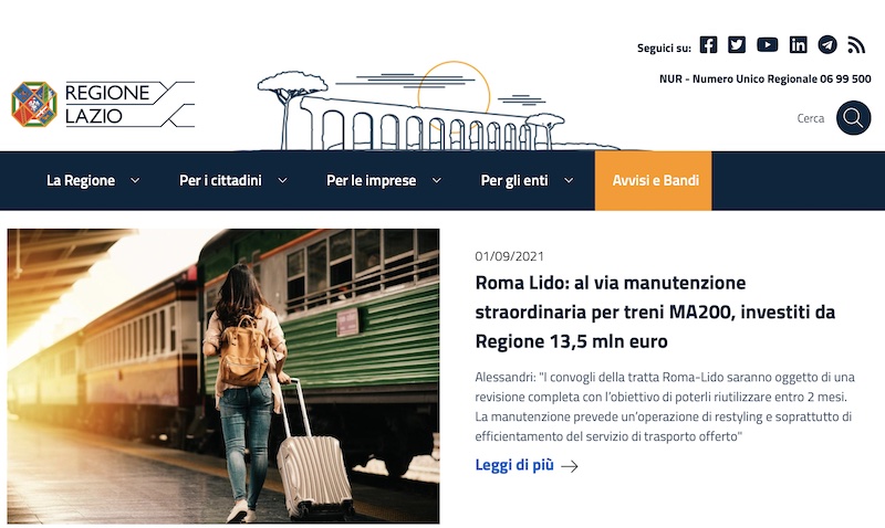 Screenshot del portale Regione Lazio
